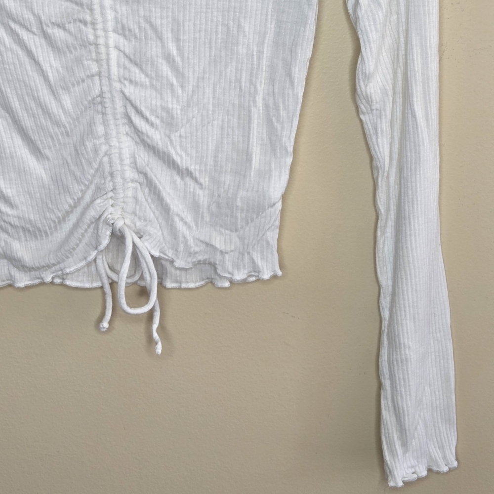 Antistar White Ribbed Cinch Front Cropped Long Sleeve Tee Size Small - Picture 3 of 5